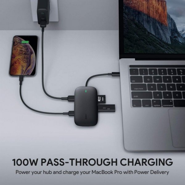 AUKEY CB-C71 aluminiowy HUB USB-C | 8w1 | RJ45 Ethernet 10/100/1000Mbps | 3xUSB 3.1 | HDMI 4k@30Hz | SD i microSD | USB-C Power 