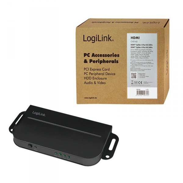 LogiLink Splitter 1 do 4x HDMI 2.0b 4K, z uchwytem montażowym