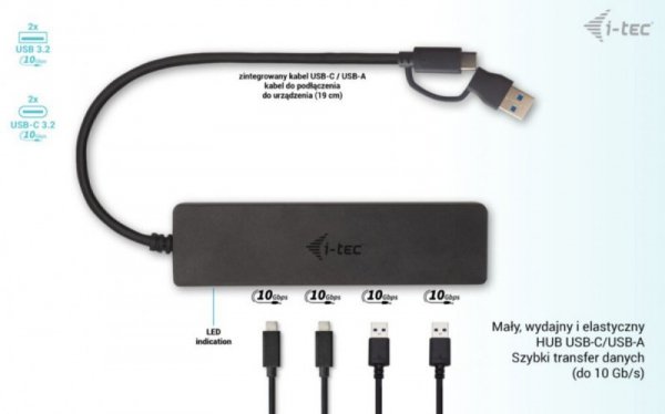 i-tec Hub USB-A/USB-C Metal 2x USB 3.0 + 2x USB-C (10 Gbps)