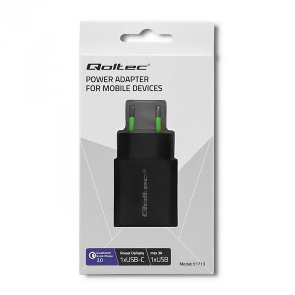 Qoltec Ładowarka sieciowa | 18W | 5-12V | 1.5-3A | USB typ C PD |       USB QC 3.0 | Czarna