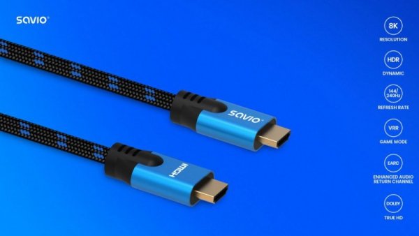 Savio Kabel HDMI (M) v2.1, 3m, 8K, miedź, niebiesko-czarny, złote końcówki, ethernet/3D, CL-143