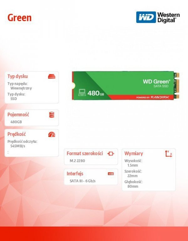 Western Digital Dysk SSD Green SSD 480GB SATA M.2 2280 WDS480G3G0B