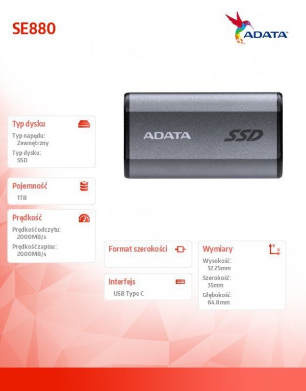 Adata Dysk zewnętrzny SSD SE880 1TB USB3.2A/C Gen2x2