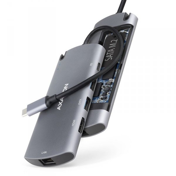 AXAGON HMC-6M2 Wieloportowy hub USB-C 3.2 Gen 1, slot M.2 SATA + HDMI + GLAN + 2x USB-A + PD 100W