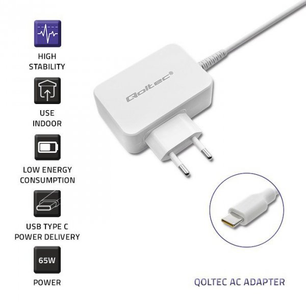 Qoltec Zasilacz sieciowy 65W | 5-20.3V | 2-3.25A | USB typ C | PD |     Biały