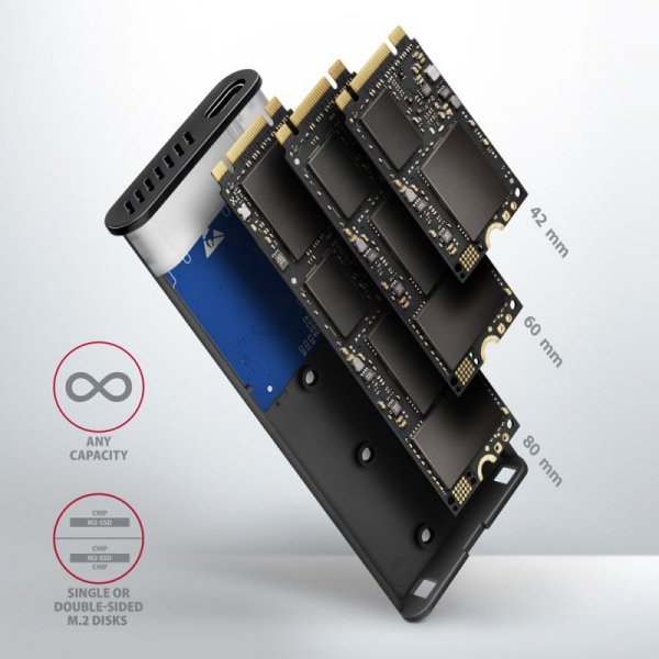 AXAGON EEM2-SB2 Obudowa zewnętrzna aluminiowa bezśrubowa USB-C 3.2 Gen 2 - M.2 NVMe / SATA SSD 30-80mm ALU pudełko czarne + USB-
