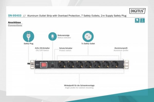 Digitus Listwa zasilająca PDU 19&quot; Rack, 7x gniazdo schuko, 2.0m, 1x wtyk unischuko, 16A, wł./wył., zabezpieczenie przeciąże