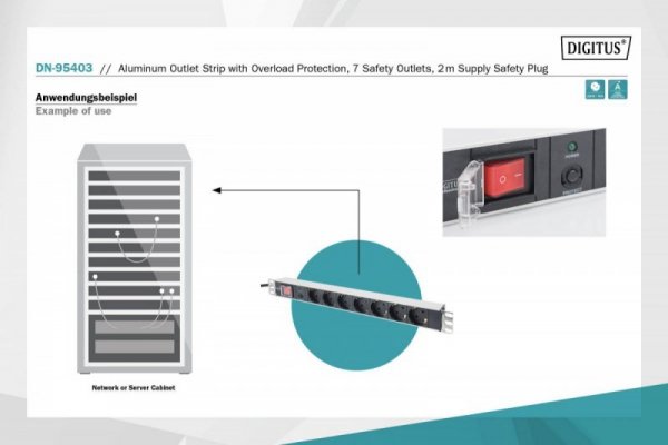 Digitus Listwa zasilająca PDU 19&quot; Rack, 7x gniazdo schuko, 2.0m, 1x wtyk unischuko, 16A, wł./wył., zabezpieczenie przeciąże