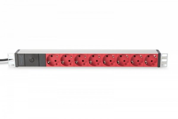 Digitus Listwa zasilająca PDU 19 cali Rack, 8x czerwone gniazdo schuko, 2.0m, 1x wtyk C14, 10A Aluminiowa