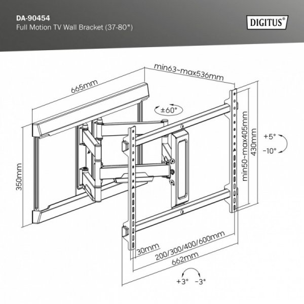 Digitus Uchwyt ścienny do TV 37-80&quot; max. obciążenie 60kg, VESA max. 600x400 z regulacją w pionie i poziomie