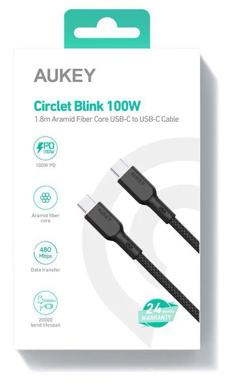 AUKEY CB-KCC102 kabel USB-C - USB-C 1.8m 100W PD 5A 20V kevlar + nylonowy oplot