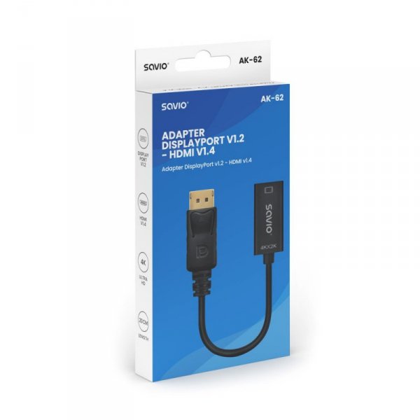Savio Adapter DisplayPort (M) v1.2 - HDMI (F) v1.4, 4K, AK-62