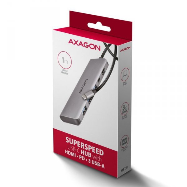 AXAGON HMC-5H Wieloportowy hub USB 5in1, 5Gbps, 3x USB-A, HDMI 4K/30Hz, PD 100W, 100cm USB-C kabel