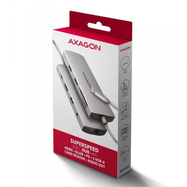 AXAGON HMC-8HLSA Wieloportowy hub USB 9in1, 5Gbps, 3x USB-A + HDMI 4K/30Hz, SD/microSD, GLAN, Audio, PD 100W, 20cm USB-C kabel