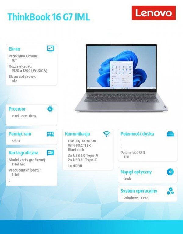 Lenovo Notebook ThinkBook 16 G7 21MS0081PB W11Pro Ultra 7 155H/32GB/1TB/INT/16.0 WUXGA/Arctic Grey/3YRS OS + CO2 Offset
