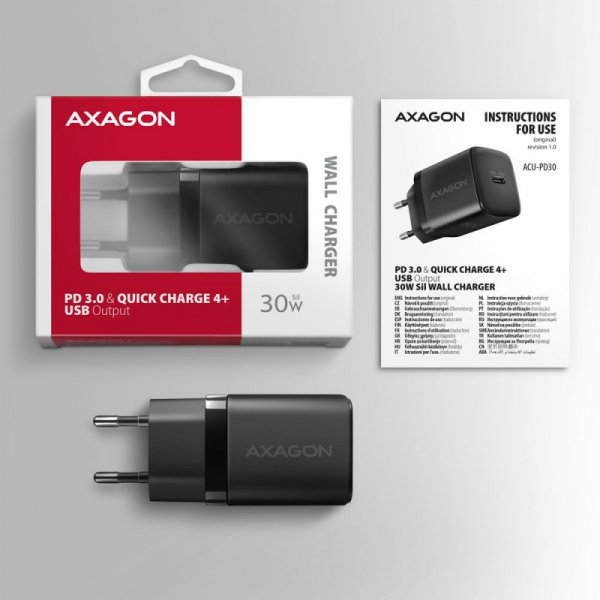 AXAGON ACU-PD30 Ładowarka sieciowa PD 30W, 1x port USB-C, PD3.0/QC3.0/AFC/FCP/Apple Czarna