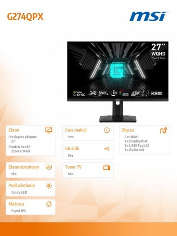 MSI Monitor G274QPX        27 cali/LED/QHD/Flat/240Hz/Czarny
