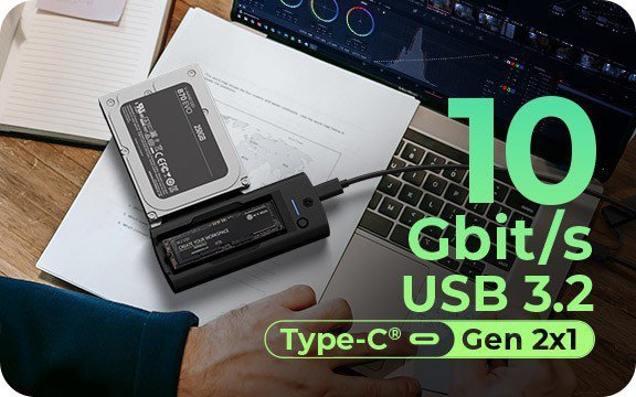 IcyBox Stacja dokująca IB-180MS-C31 SSD Docking 1x 2,5&quot;/3,5&quot; & 1x M.2 PCIe NVMena USB 3.2 Gen 2 10 Gbit/s
