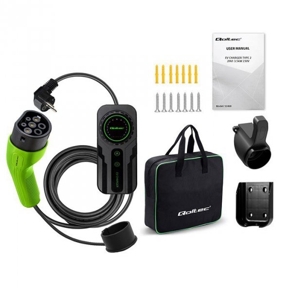 Qoltec Mobilna ładowarka do samochodu elektrycznego EV z regulacją 2w1  Typ2 | Schuko | 3.5kW | 230V | LCD | Przenośna | Wallbox