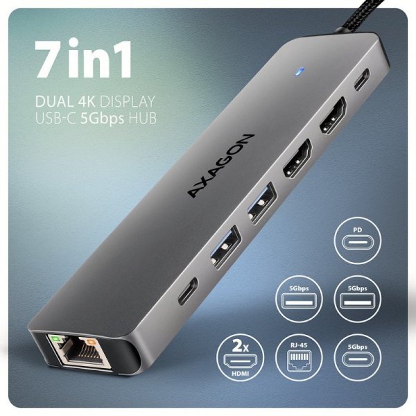 AXAGON HMC-7HX2 Wieloportovy hub USB 7in1, 5Gbps, 2x USB-A, 1x USB-C, 2x HDMI 4K/60Hz, GLAN, PD 100W, 15cm USB-C kabel