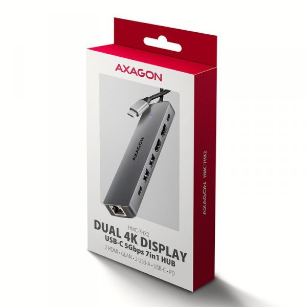 AXAGON HMC-7HX2 Wieloportovy hub USB 7in1, 5Gbps, 2x USB-A, 1x USB-C, 2x HDMI 4K/60Hz, GLAN, PD 100W, 15cm USB-C kabel