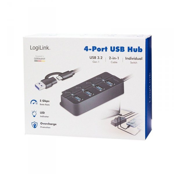 LogiLink HUB 4xUSB-A, Gen1, 4x ON/OFF, czarny