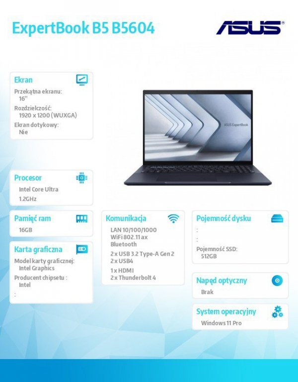 Asus Notebook ExpertBook B5 B5604CMA-QW0665X - Ultra 5 125H/16GB/512GB/16 WUXGA/Win 11 PRO/3YRS
