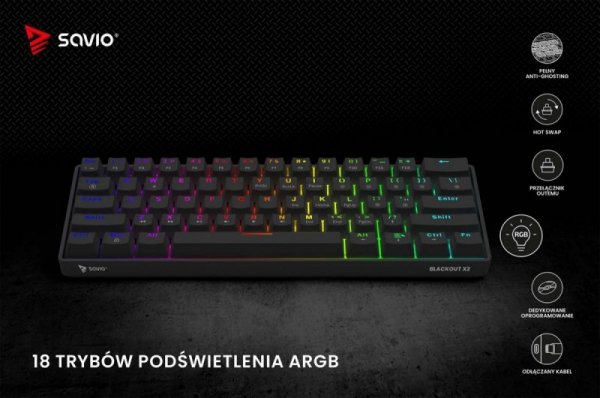 Savio Klawiatura mechaniczna BLACKOUT X2 OUTEMU Peach Silent, Hot Swap
