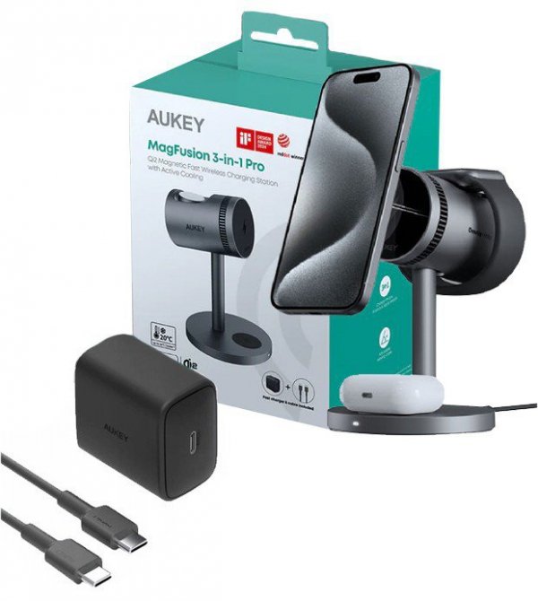 AUKEY LC-MC311A 3w1 Qi2 chłodząca ładowarka bezprzewodowa MagSafe 15W + ładowarka PD 30W