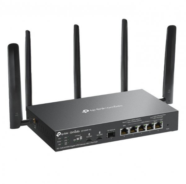 TP-LINK Brama sieciowa gigabitowa ER706WP-4G Omada 4G+ Cat6 AX3000 VPN 4-Port PoE+ 1× Gigabit SFP WAN/LAN, 1× Gigabit RJ45 WAN, 