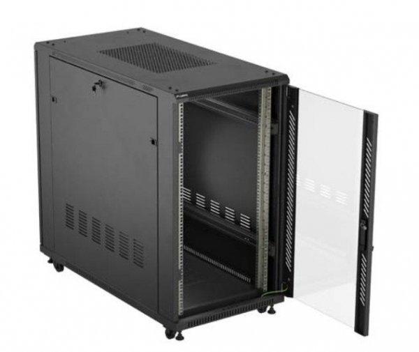Lanberg Szafa instalacyjna rack stojąca 19" 22U 600x1200 czarna drzwi   przeszklone (flat pack)