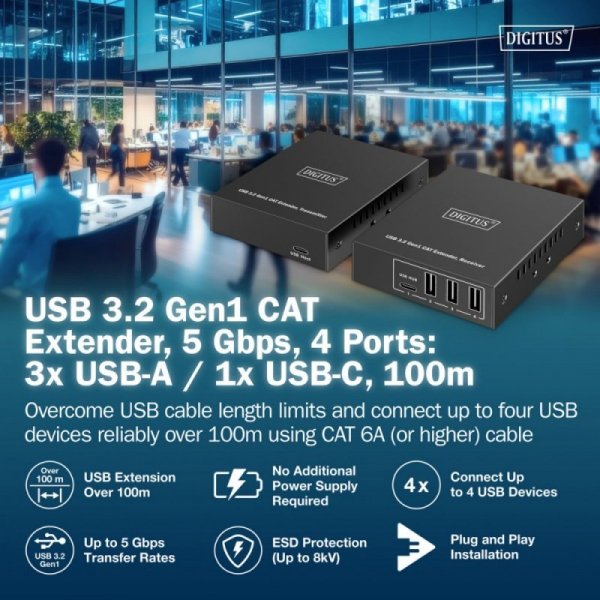 Digitus Przedłużacz (extender) po skrętce kat.6A  USB 3.1 Gen1 do 100m, 3x USB-A, 1x USB-C do 5 Gbps, 1x RJ45 (Gigabit Ethernet)
