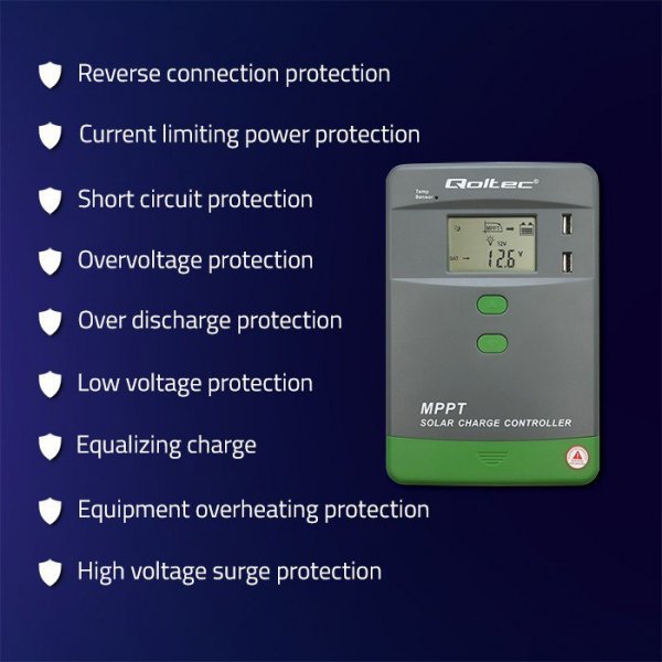 Qoltec Solarny regulator ładowania MPPT z czujnikiem temperatury 10A |  12V/24V | LCD | 2xUSB | Bluetooth | APP | GEL | LiFePO4