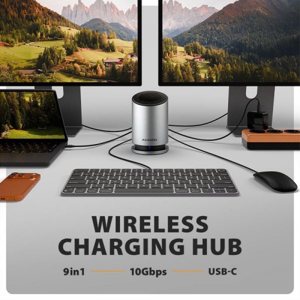 AXAGON HMC-WL9 Wieloportowy hub USB 9in1, 10Gbps, 3xUSB-A, 1xUSB-C, DP 8K/60Hz, HDMI 4K/60Hz, PD 100W, GLAN, 100cm USB-C kabel, 