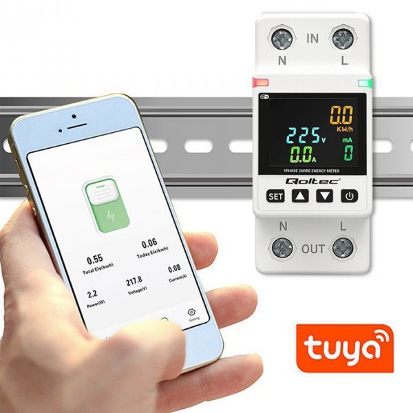 Qoltec Jednofazowy elektroniczny licznik | miernik zużycia energii | DIN35 | zdalne sterowanie | historia pomiaru | WiFi | TUYA 