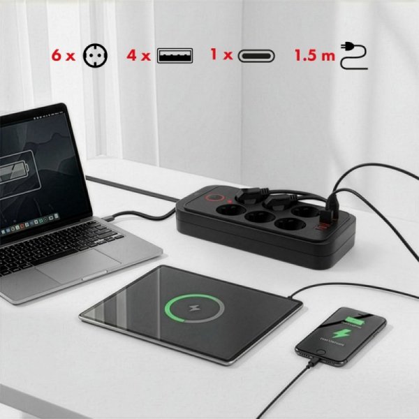 Maclean Listwa zasilająca MCE389 B 6 gniazd 4xUSB-A, 1xUSB-C 110-240V AC 50/60Hz, 2.1A max 2500W, czarna
