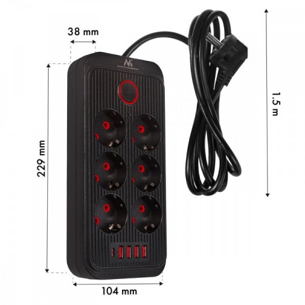 Maclean Listwa zasilająca MCE389 B 6 gniazd 4xUSB-A, 1xUSB-C 110-240V AC 50/60Hz, 2.1A max 2500W, czarna