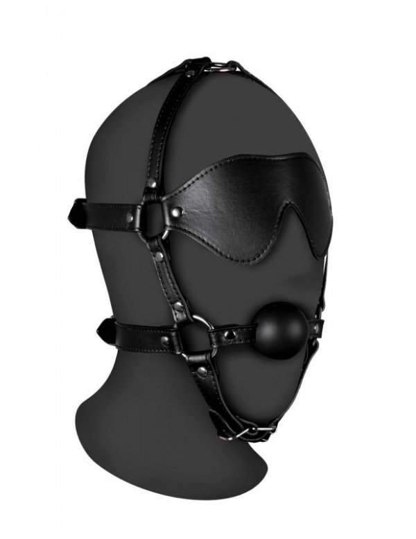 Blindfolded Head Harness with Solid Ball Gag - Black