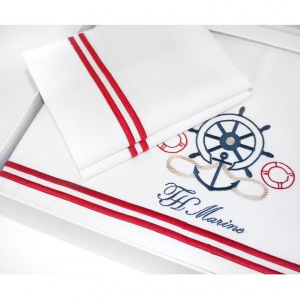 Ekskluzywna pościel na prezent Tivolyo Navy biała marinistyczna z haftem