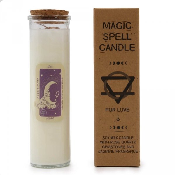 magiczna świeca &quot;Miłość&quot; - 100% naturalna: wosk sojowy, kwarc różowy, zapach jaśminowy