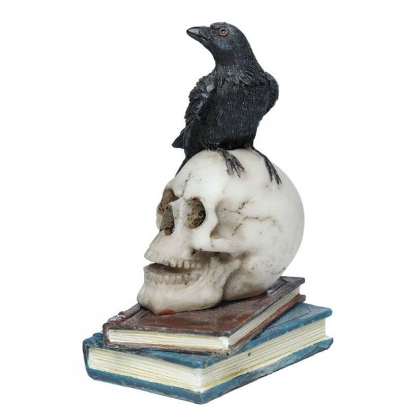 Kruk siedzący na czaszce i książkach - figurka dekoracyjna