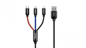 Kabel Baseus Three Primary Colors 3w1 USB-A - micro USB / Lightning / USB-C 3.5A 0,3 m - czarny