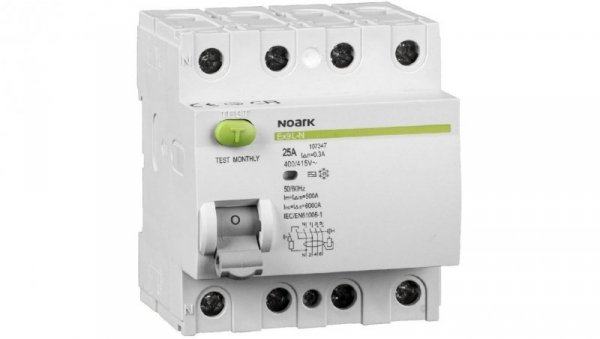 Wyłącznik różnicowoprądowy RCD 3-fazowy 25A 100mA typ A 4-biegunowy 4P (400V AC) 4-modułowy NOARK 73.0213