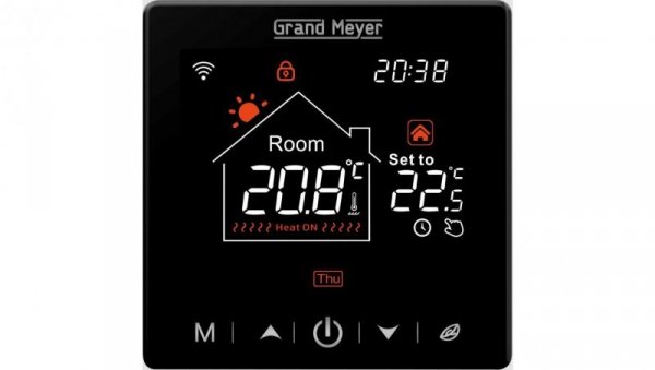 Termostat podłogowy regulator temperatury bezprzewodowy z wyświetlaczem LCD IP20 SN-20 czarny GRAND MEYER