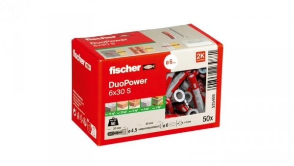Kołki rozporowe uniwersalne DuoPower 6x30 S z wkrętem z łbem stożkowym 4,5x40 PZ2 50 sztuk FISCHER