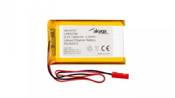 Akumulator litowo-polimerowy Akyga AKY0107 LP503759 Li-Po 3.7V / 1350mAh PCM JST 2.54 2-Pin 150mm