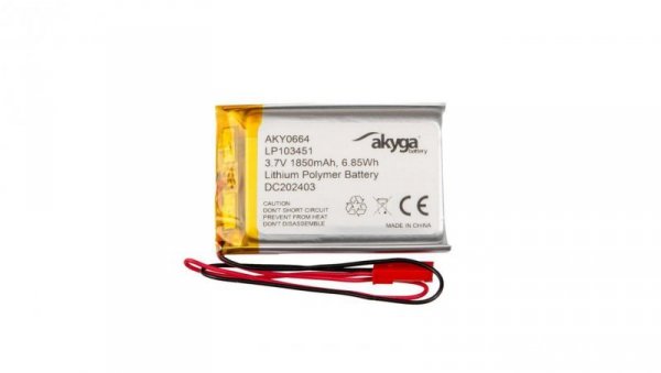 Akumulator litowo-polimerowy Akyga AKY0664 LP103451 Li-Po 3.7V / 1850mAh PCM JST 2.54 2-Pin 150mm