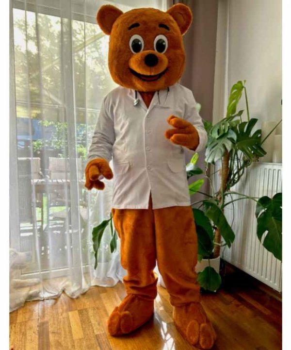 strój chodzącej maskotki Miś Doktor – maskotka reklamowa w fartuchu lekarskim
