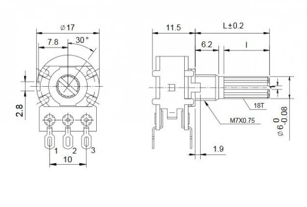 Potentiometer stereo 2x100k/A logarytmic panel, standard