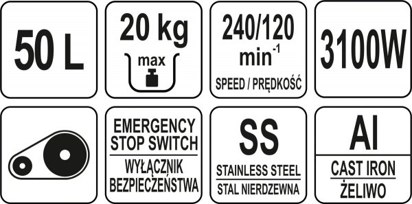 MIKSER SPIRALNY 50L 2-PRĘDKOŚCI, ORAZ WSTECZNY, 3100W, ZASILANIE 380-415V